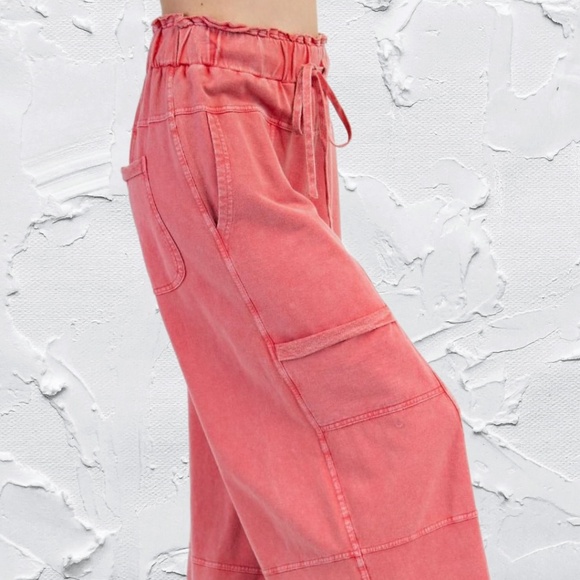 EASEL "Perfect Cargo Lux" Terry Knit Mineral Washed Flared Leg Raw Hems & Seams - Picture 8 of 15